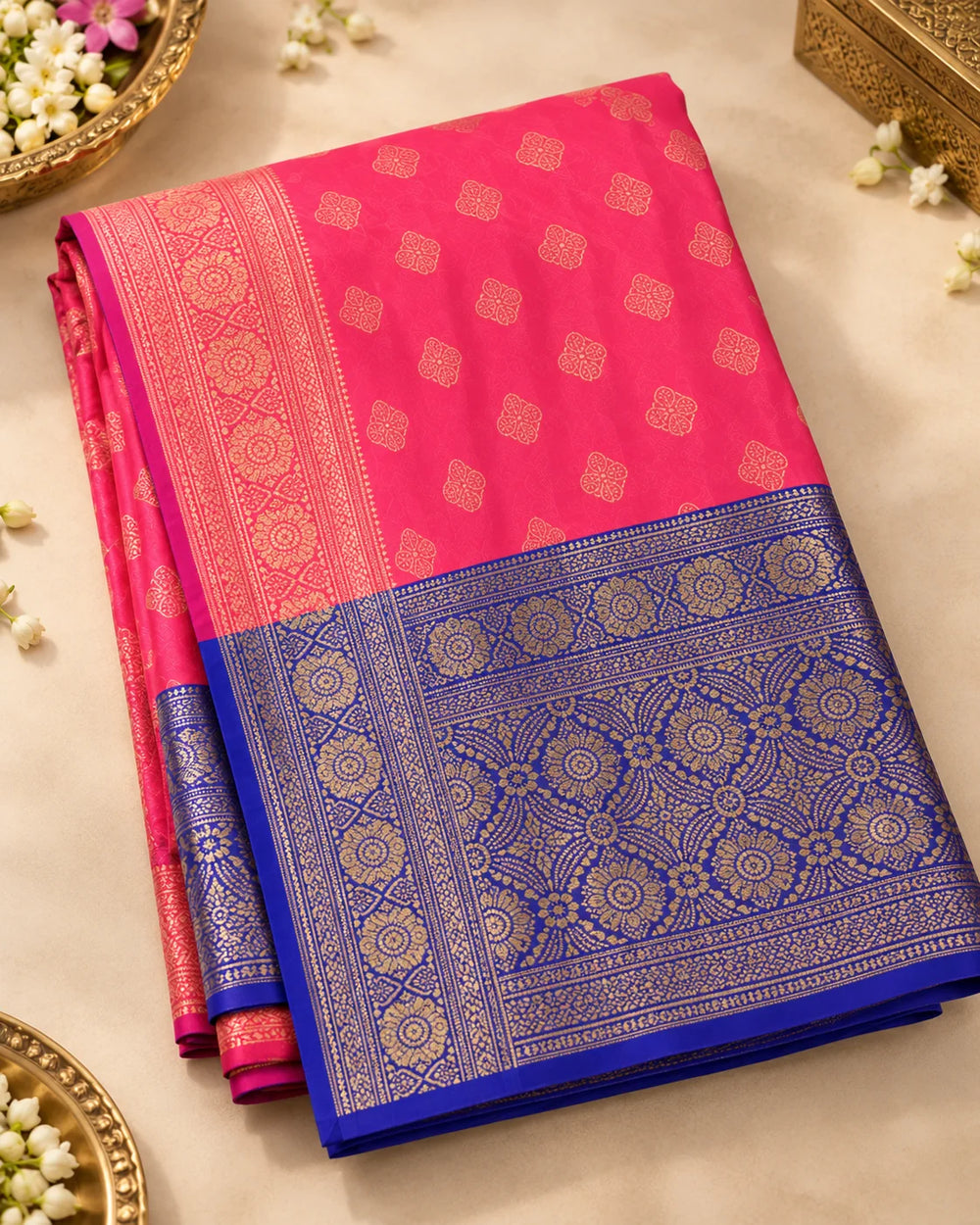 Pink & Royal Blue Banarasi Style Art Silk Saree with Gold Woven Motifs and Rich Contrast Pallu