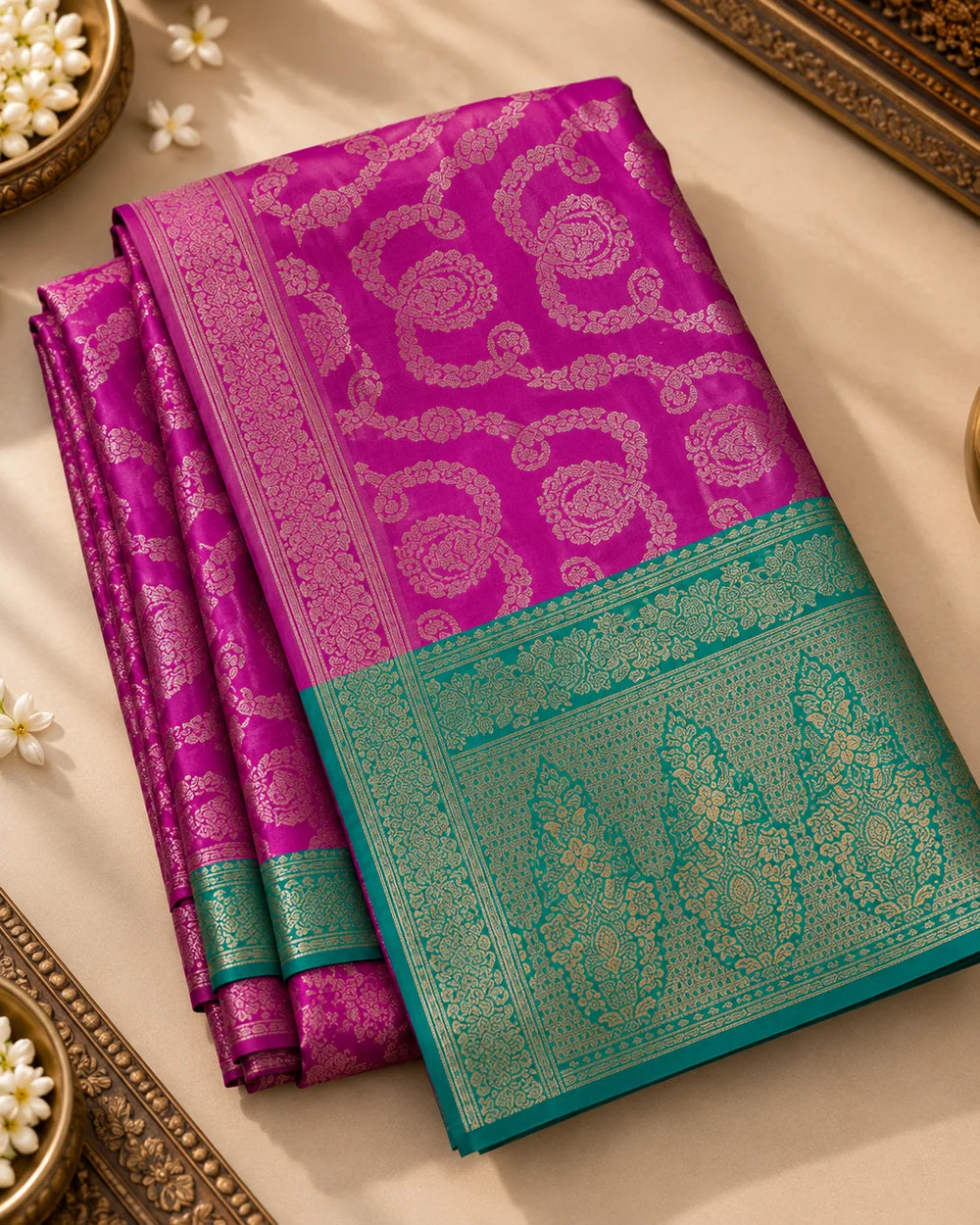 Elegant Magenta Purple & Green Woven Saree with Golden Paisley Motifs & Designer Pallu