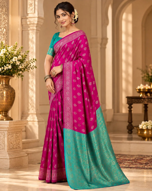 Magenta Banarasi Saree with Teal Pallu & Zari Border