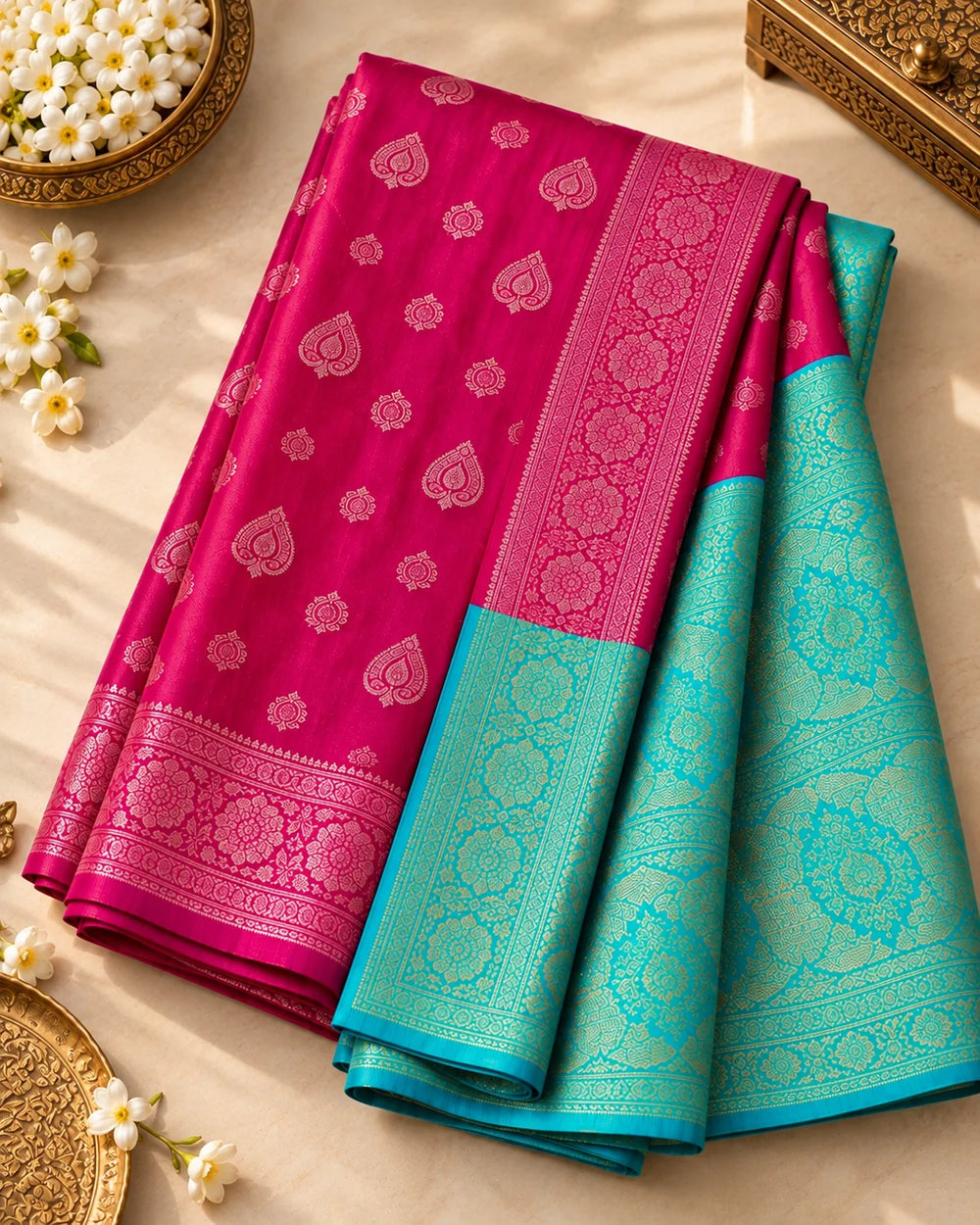 Magenta Banarasi Saree with Teal Pallu & Zari Border