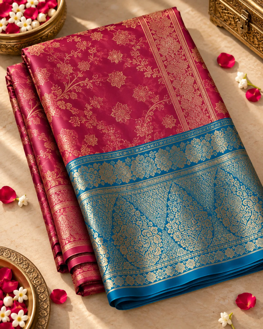 Maroon & Teal Woven Silk Saree with Gold Paisley Motifs & Ornate Pallu