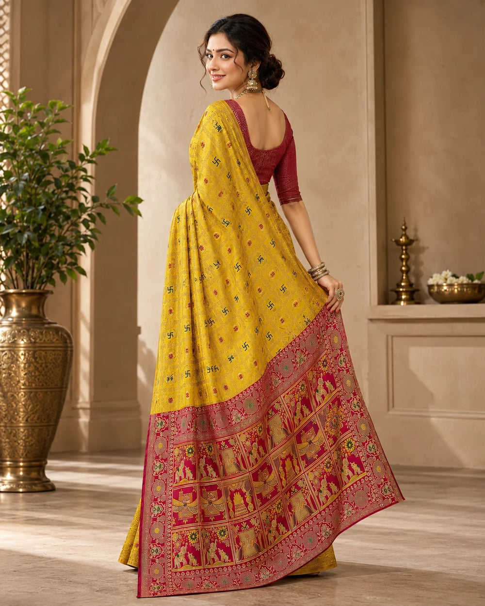 Mustard Yellow Woven Silk Saree with Traditional Motifs & Rich Red Designer Pallu