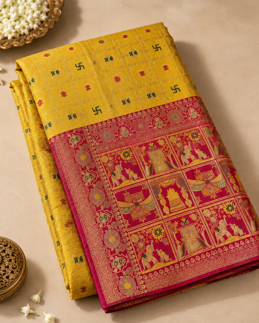 Mustard Yellow Woven Silk Saree with Traditional Motifs & Rich Red Designer Pallu
