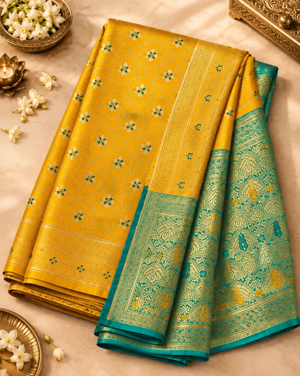 Mustard Gold Banarasi Saree with Teal Woven Pallu & Traditional Floral Motifs
