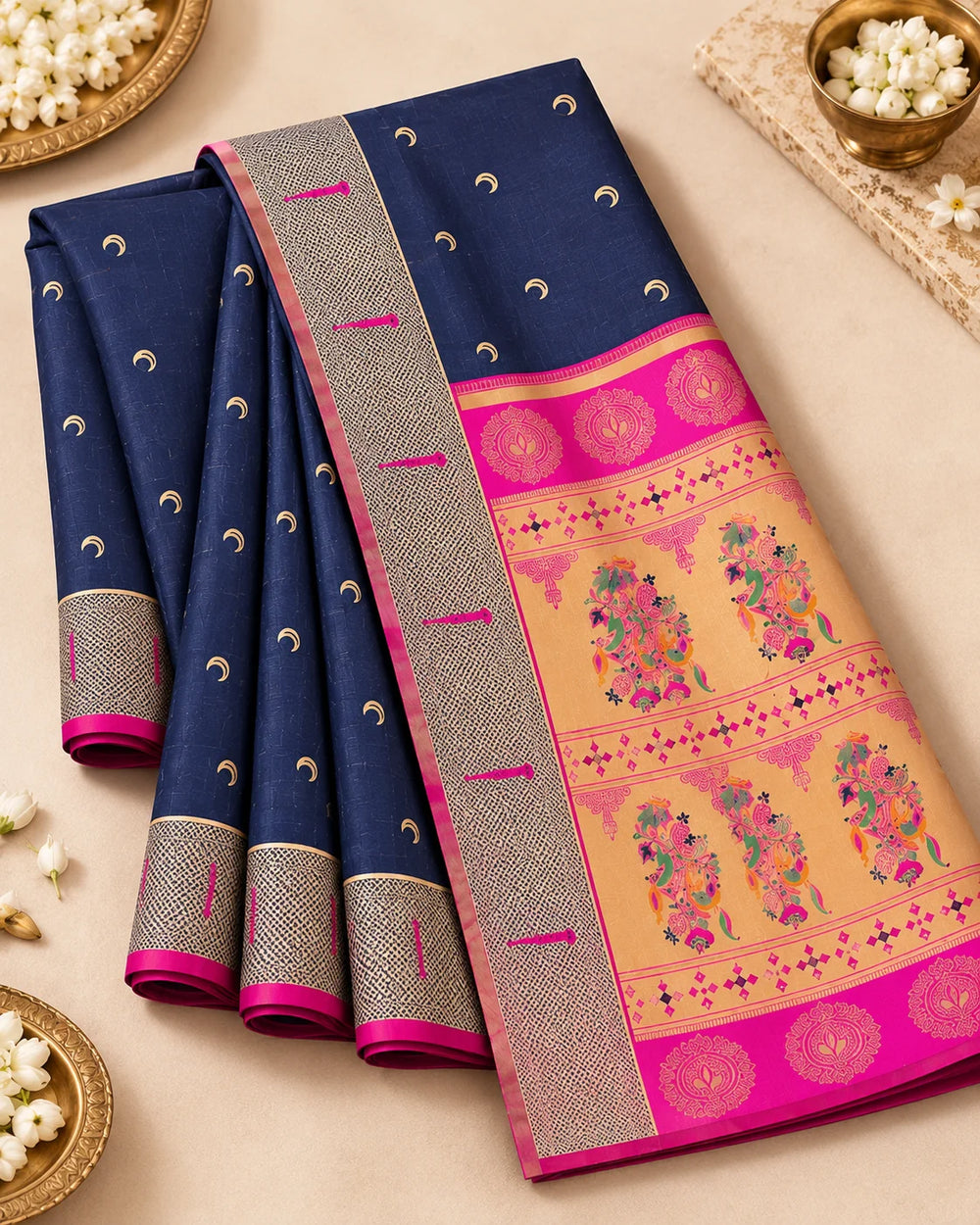 Navy Blue & Hot Pink Woven Silk Saree