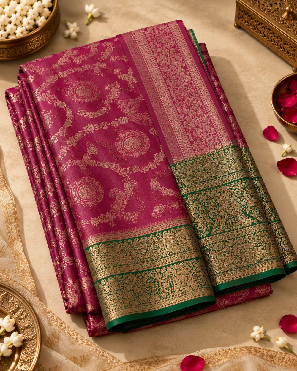 Magenta & Green Woven Silk Saree with Gold Paisley Motifs & Ornate Pallu