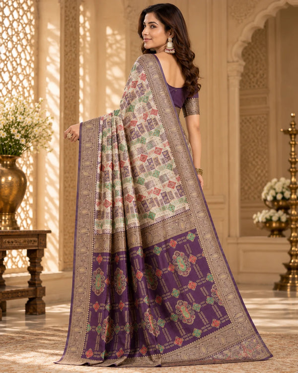 Ivory Cream & Royal Purple Designer Traditional Saree