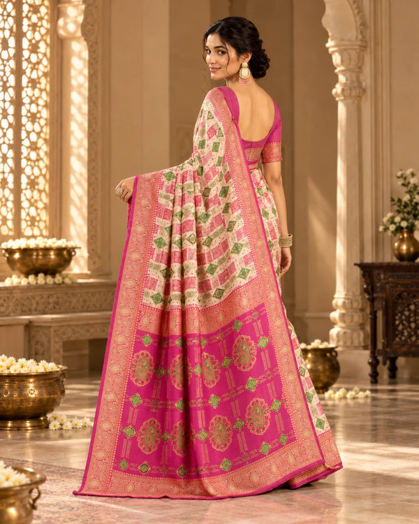 Ivory Cream & Rani Pink Designer Traditional Saree