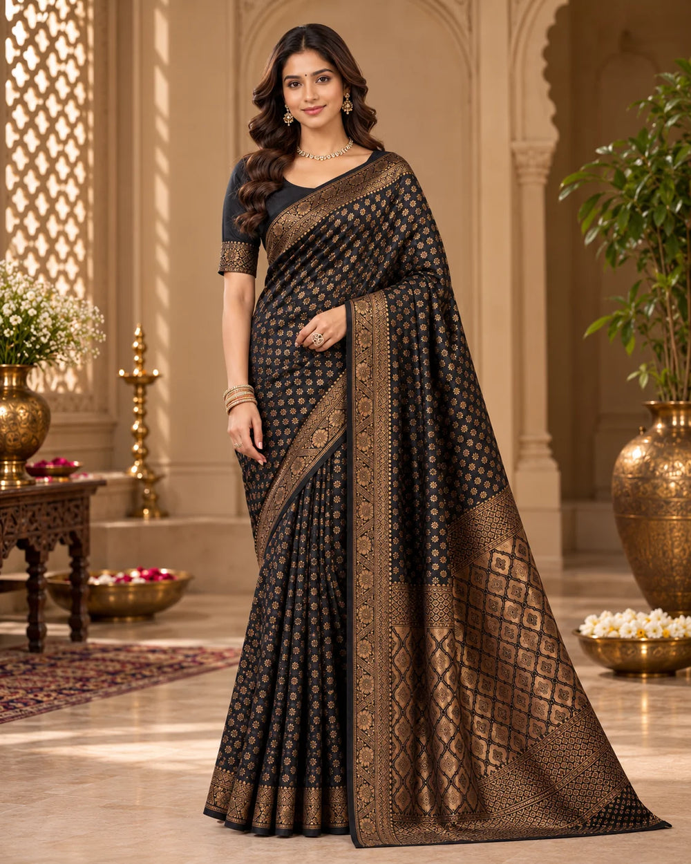 Elegant Black Woven Silk Saree with Intricate Golden Floral & Traditional Motifs