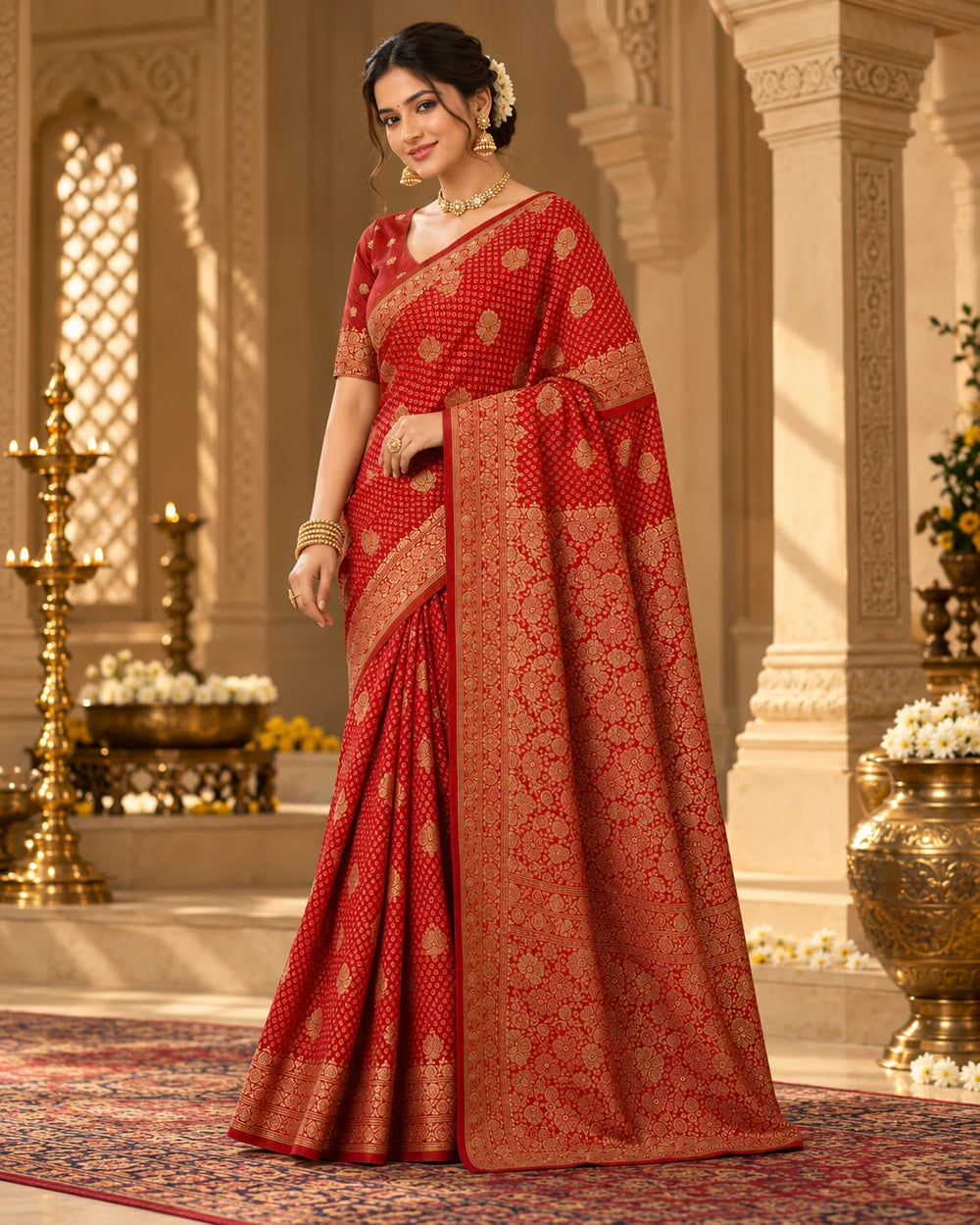Red Woven Silk Saree with Intricate Floral Motifs & Rich Golden Border