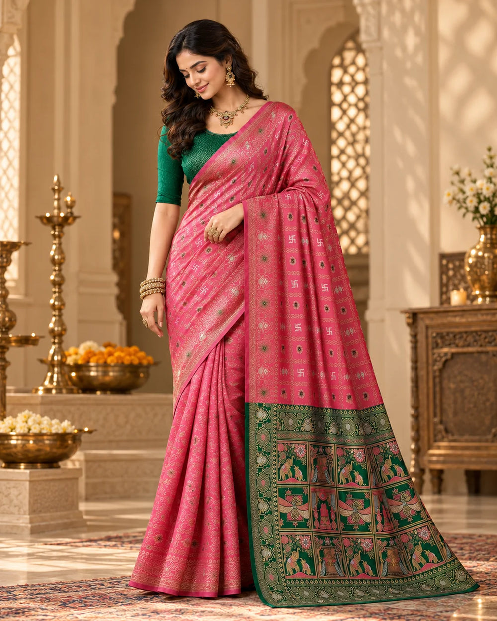 Pink & Green Woven Saree with Traditional Printed Pallu