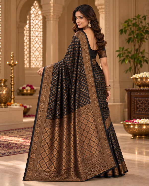 Elegant Black Woven Silk Saree with Intricate Golden Floral & Traditional Motifs