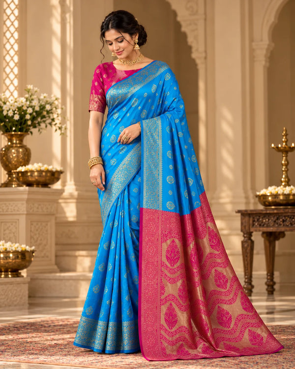 Royal Blue & Magenta Banarasi Zari Motif Saree with Designer Pallu
