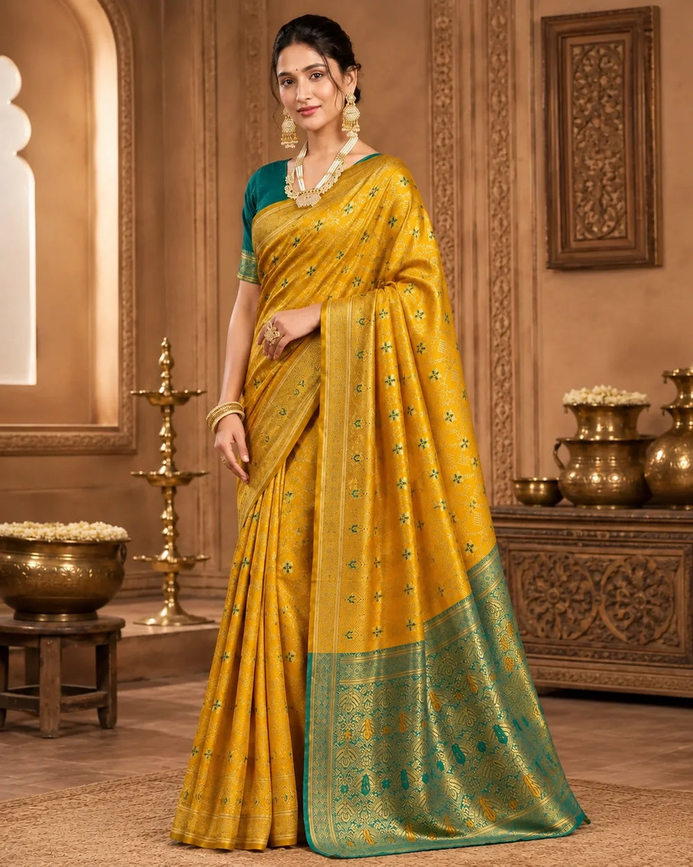 Mustard Gold Banarasi Saree with Teal Woven Pallu & Traditional Floral Motifs