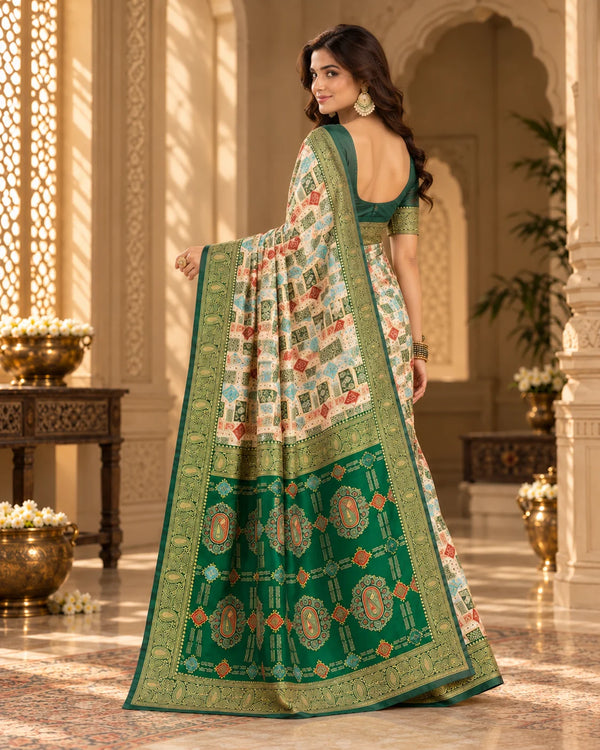 Ivory Cream & Emerald Green Designer Traditional Saree