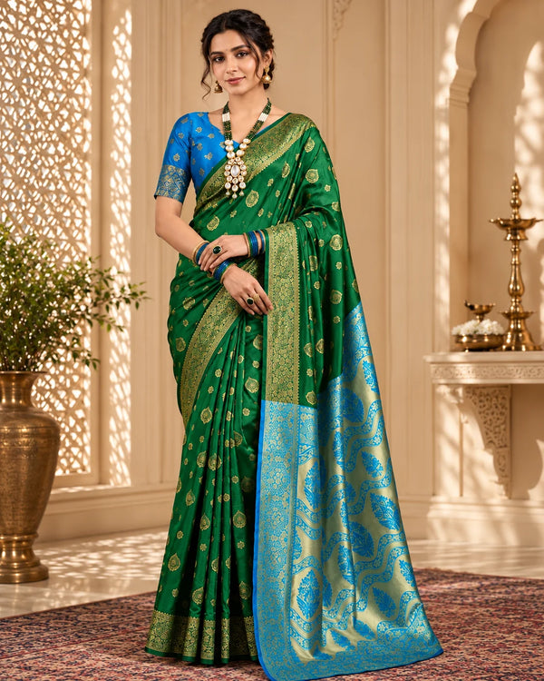Emerald Green & Blue Banarasi Zari Motif Saree | Festive & Wedding Wear
