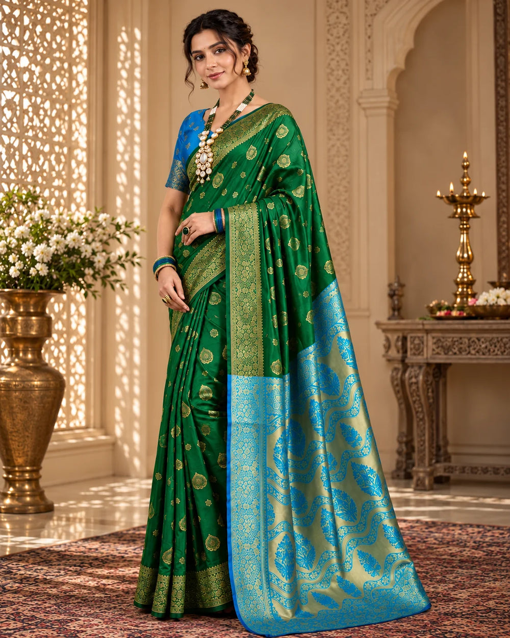 Emerald Green & Blue Banarasi Zari Motif Saree | Festive & Wedding Wear