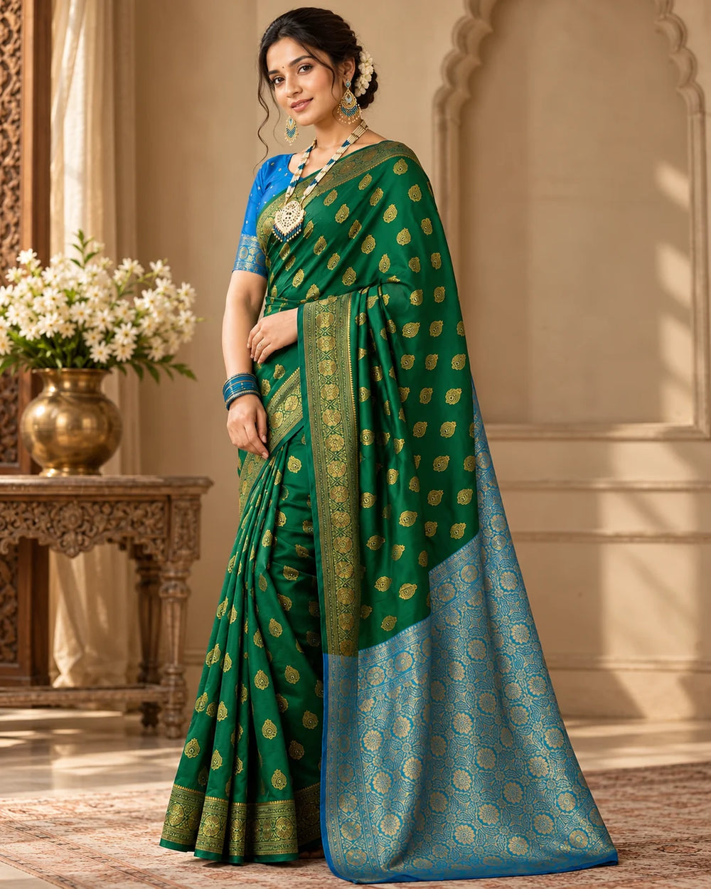 Emerald Green & Sky Blue Banarasi Zari Motif Saree