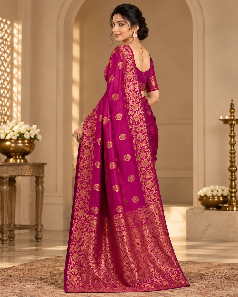 Royal Magenta Banarasi Art Silk Saree with Antique Gold Floral Zari Work