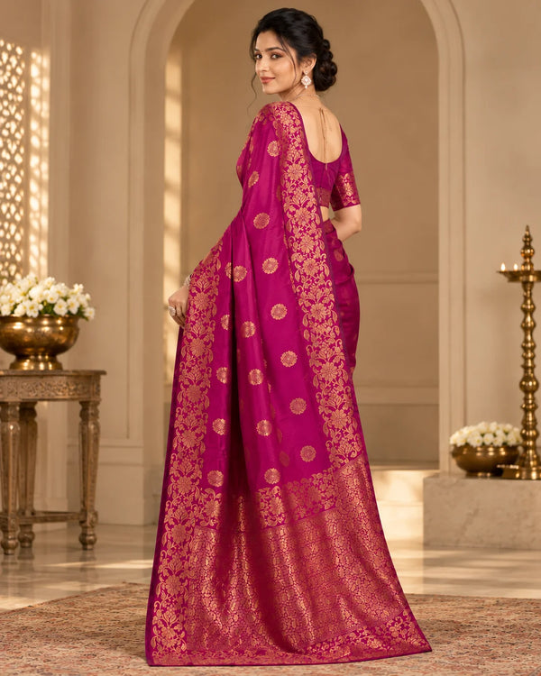 Royal Magenta Banarasi Art Silk Saree with Antique Gold Floral Zari Work