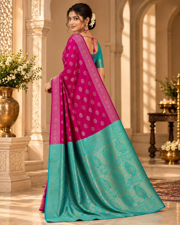 Magenta Banarasi Saree with Teal Pallu & Zari Border