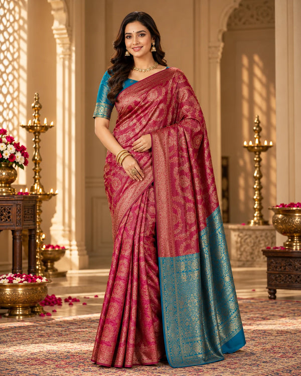 Maroon & Teal Woven Silk Saree with Gold Paisley Motifs & Ornate Pallu