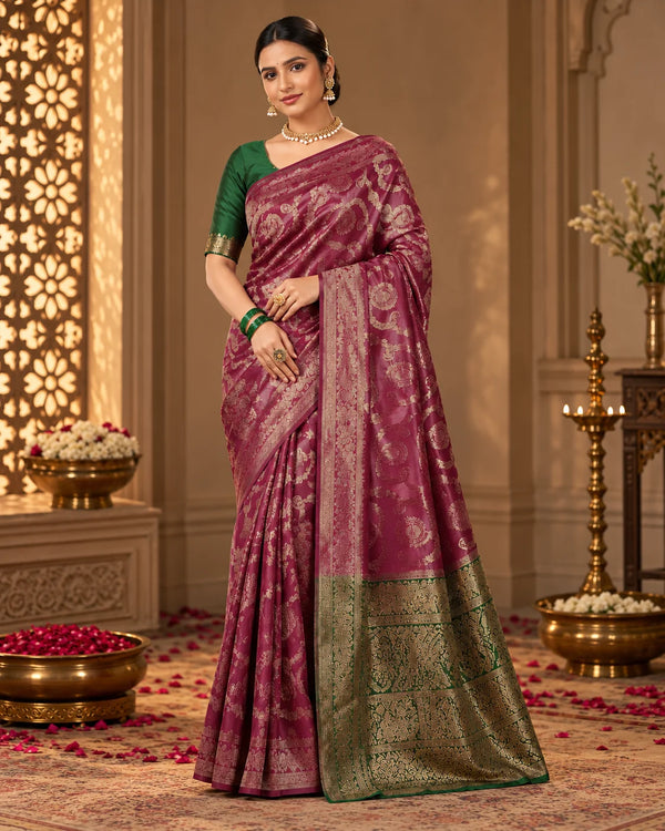 Magenta & Green Woven Silk Saree with Gold Paisley Motifs & Ornate Pallu