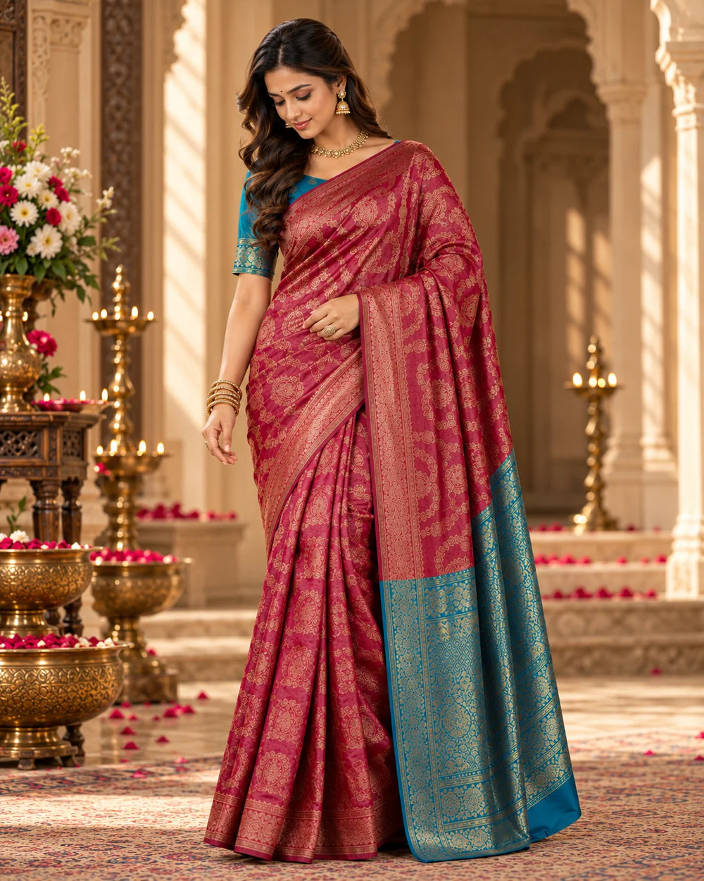 Maroon & Teal Woven Silk Saree with Gold Paisley Motifs & Ornate Pallu