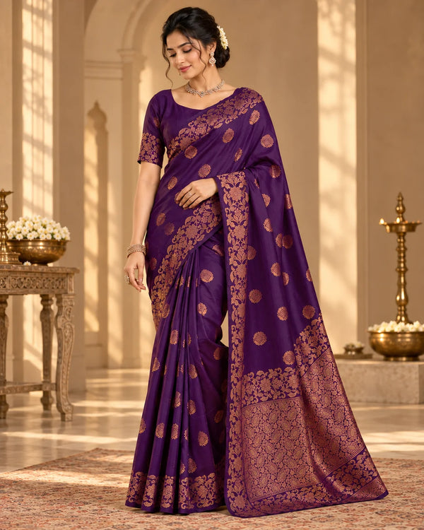Royal Purple Art Silk Saree with Antique Gold Floral Zari Border & Designer Pallu