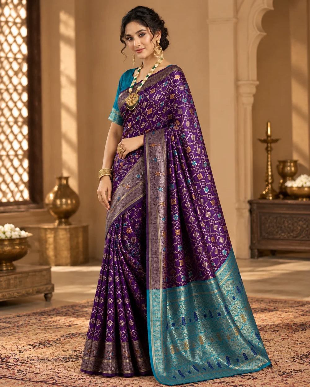 Royal Purple Banarasi Saree with Turquoise Blue Pallu & Traditional Woven Motifs