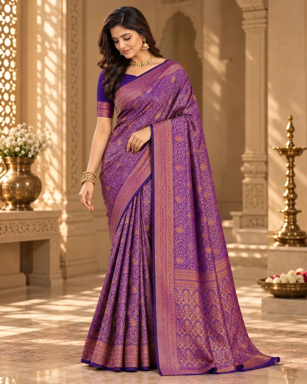 Royal Purple & Rose Gold Designer Woven Saree
