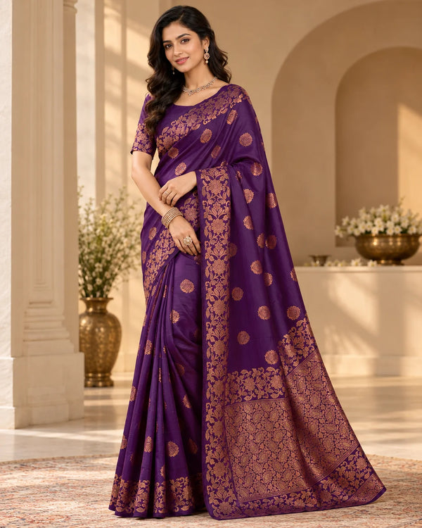 Royal Purple Art Silk Saree with Antique Gold Floral Zari Border & Designer Pallu