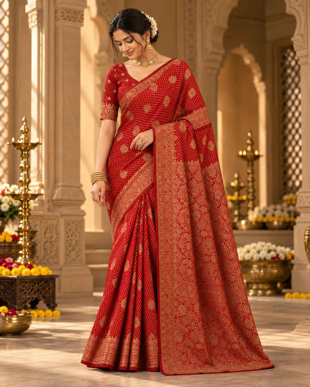Red Woven Silk Saree with Intricate Floral Motifs & Rich Golden Border