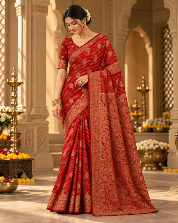 Red Woven Silk Saree with Intricate Floral Motifs & Rich Golden Border