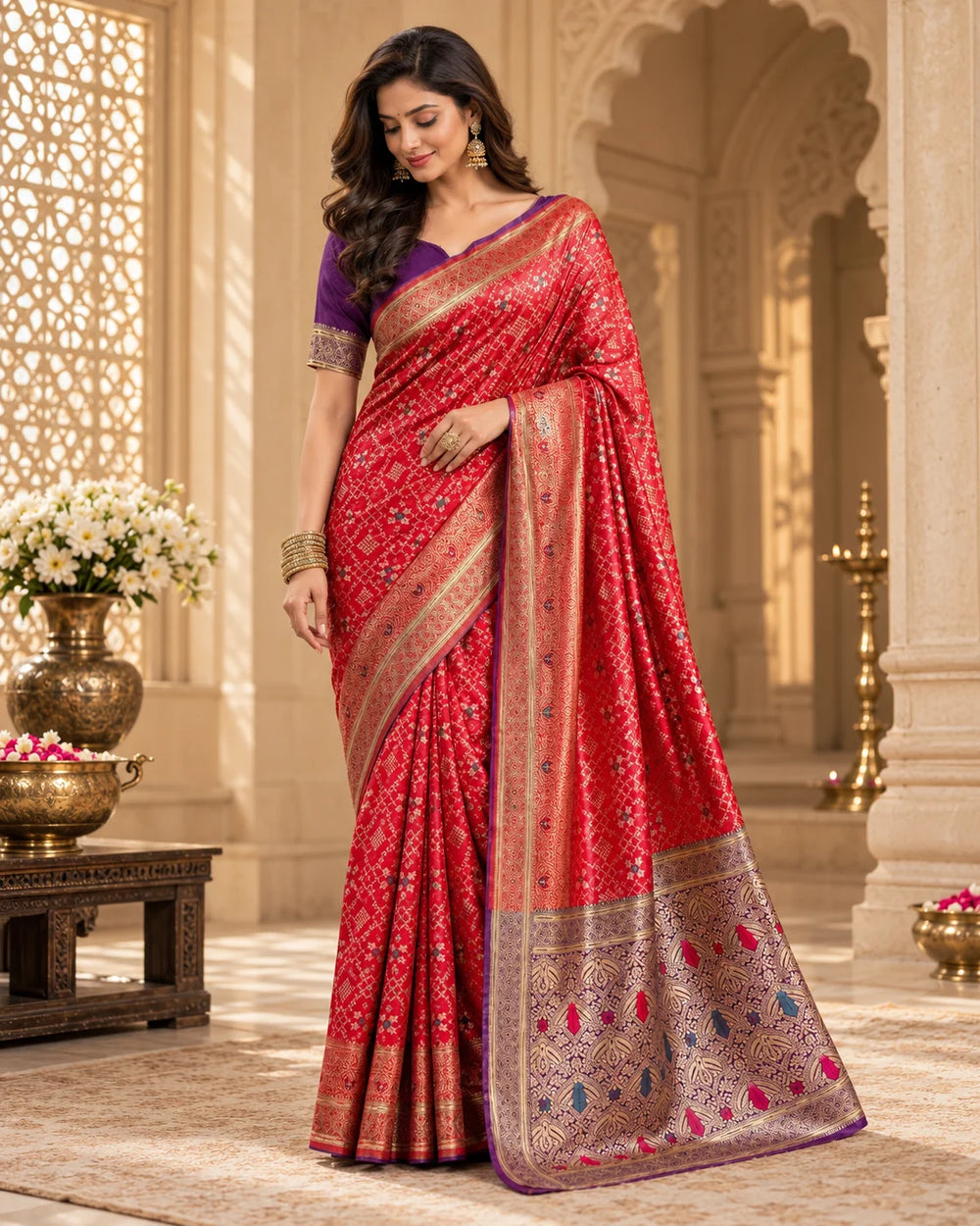 Elegant Red Banarasi Saree with Purple Border, Traditional Motifs & Rich Woven Pallu