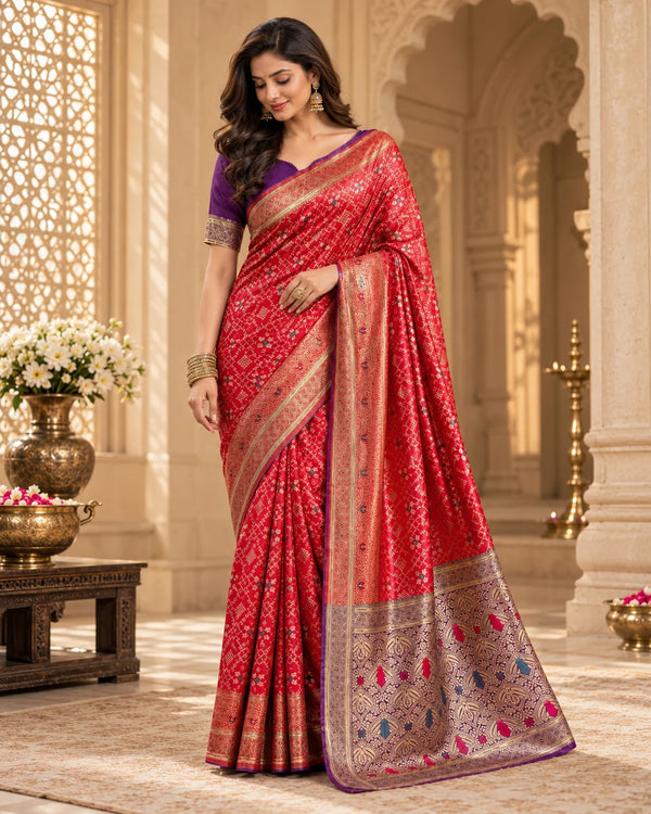 Elegant Red Banarasi Saree with Purple Border, Traditional Motifs & Rich Woven Pallu