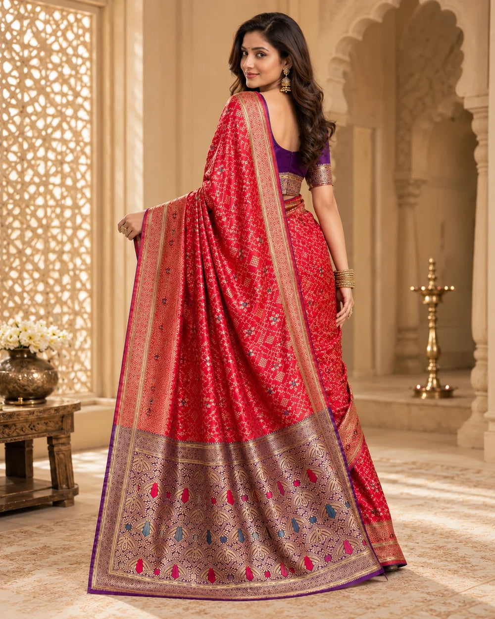 Elegant Red Banarasi Saree with Purple Border, Traditional Motifs & Rich Woven Pallu