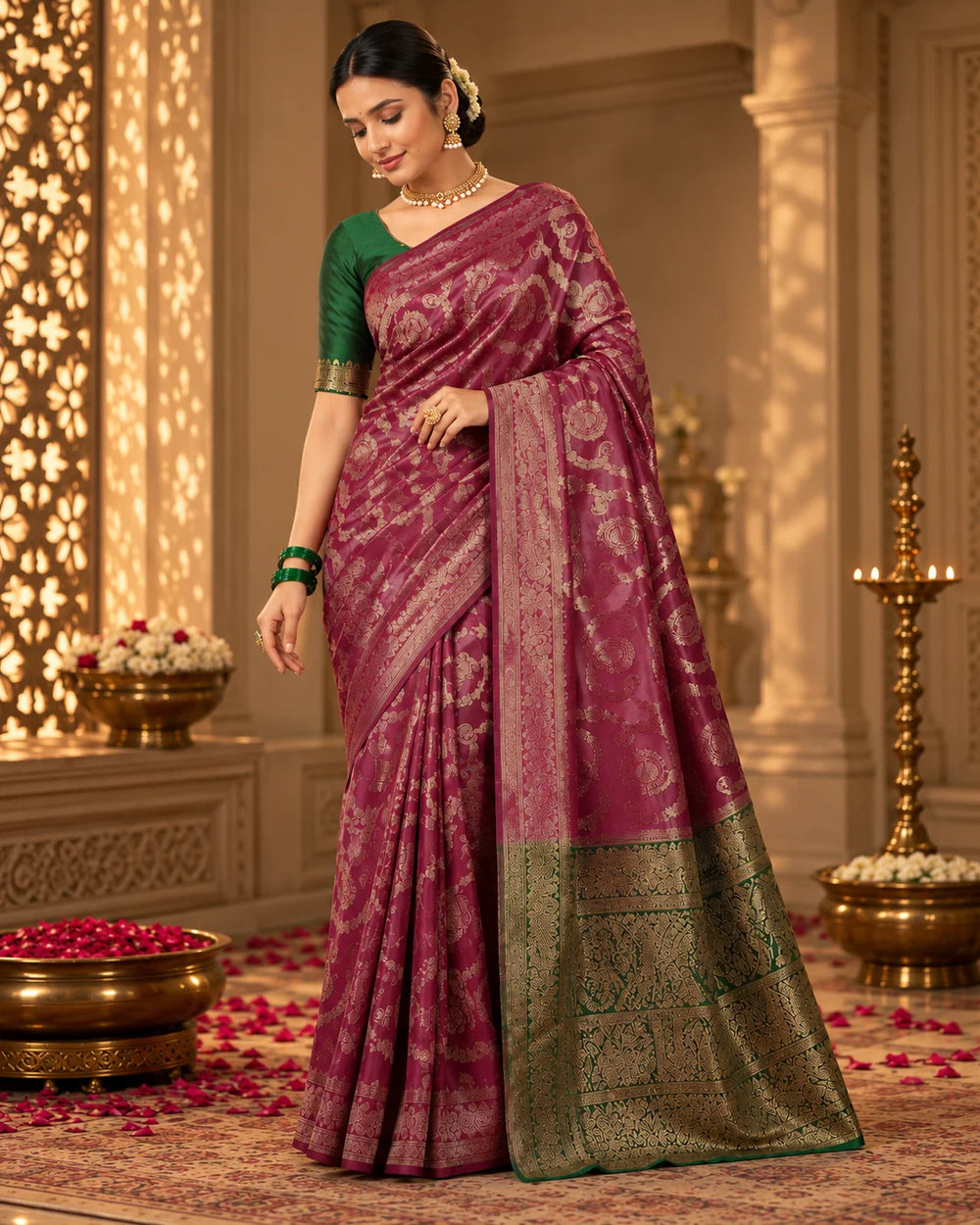 Magenta & Green Woven Silk Saree with Gold Paisley Motifs & Ornate Pallu