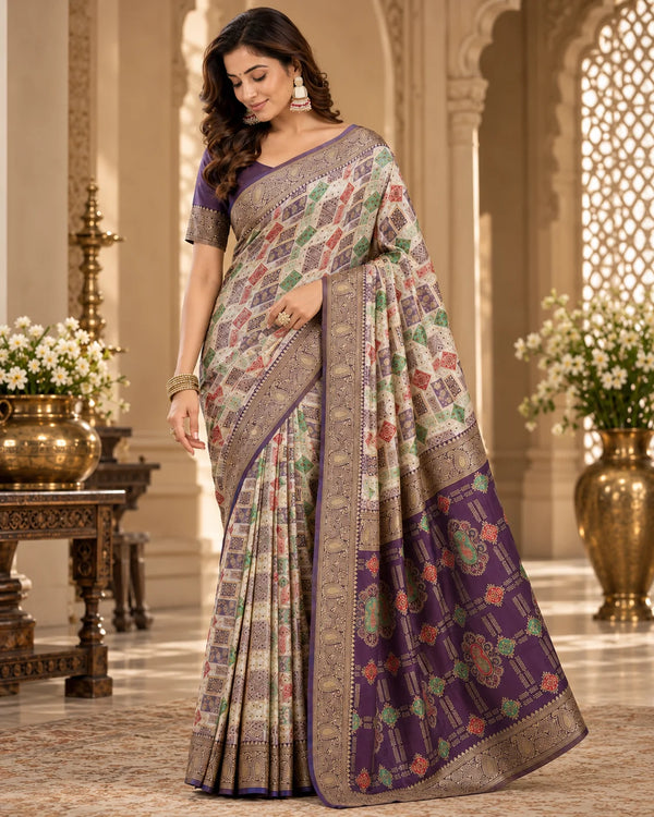 Ivory Cream & Royal Purple Designer Traditional Saree