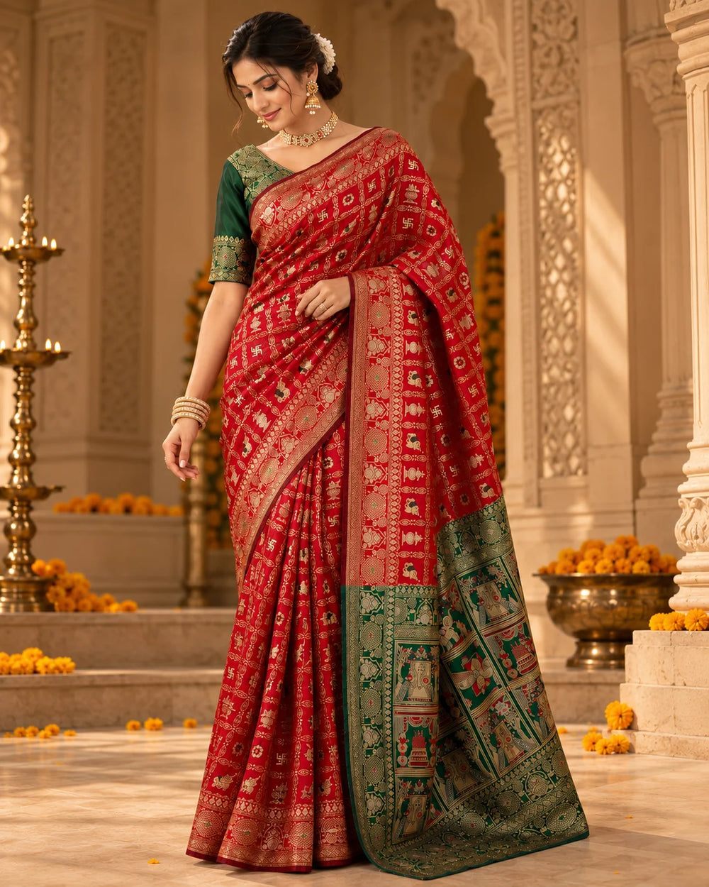Red Woven Silk Saree with Intricate Traditional Motifs & Green Designer Pallu