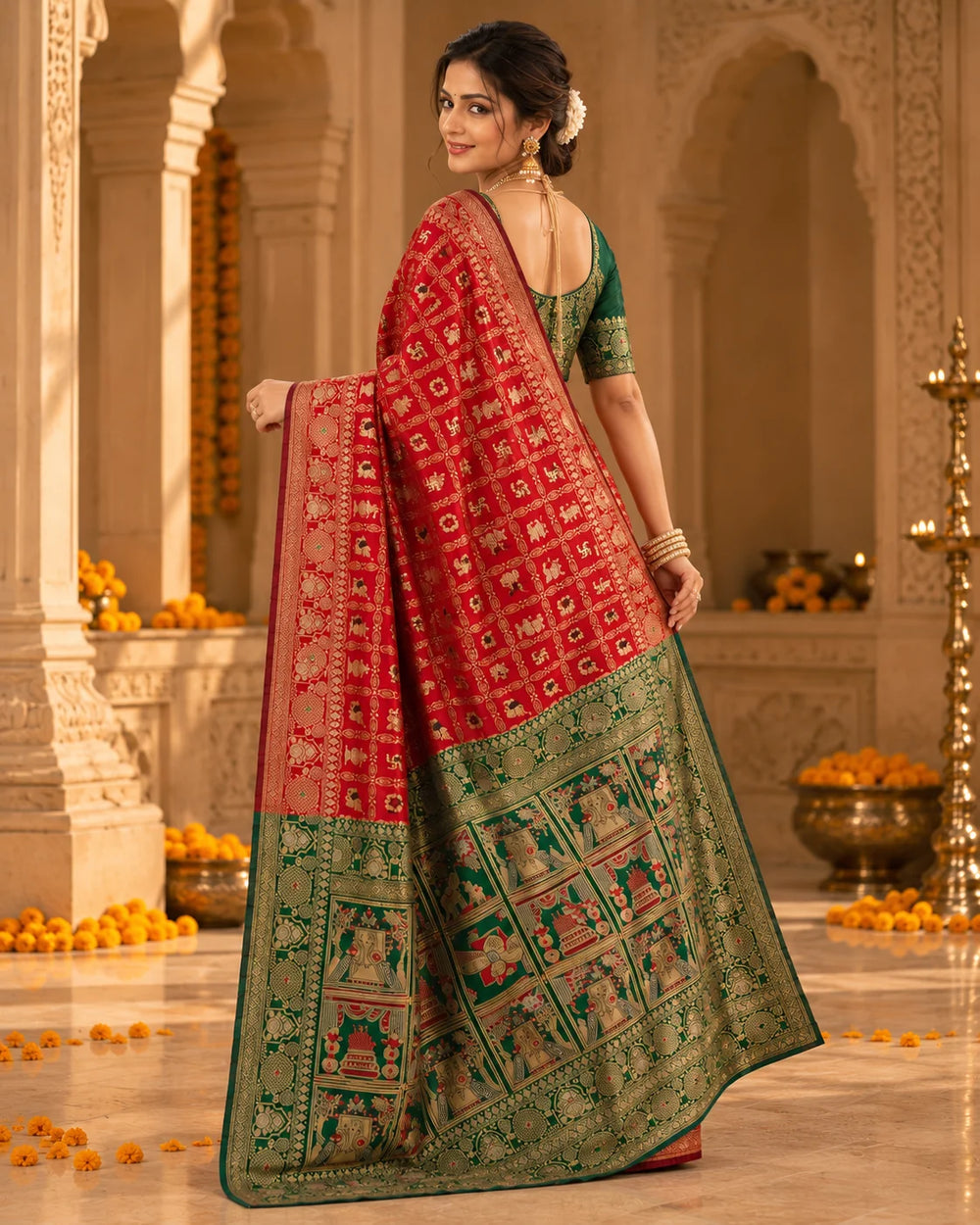 Red Woven Silk Saree with Intricate Traditional Motifs & Green Designer Pallu
