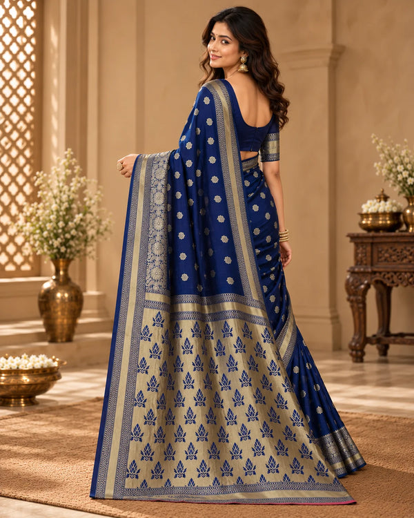 Royal Blue Woven Silk Saree with Silver-Gold Floral Motifs & Contrasting Designer Pallu