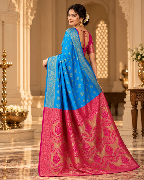 Royal Blue & Magenta Banarasi Zari Motif Saree with Designer Pallu