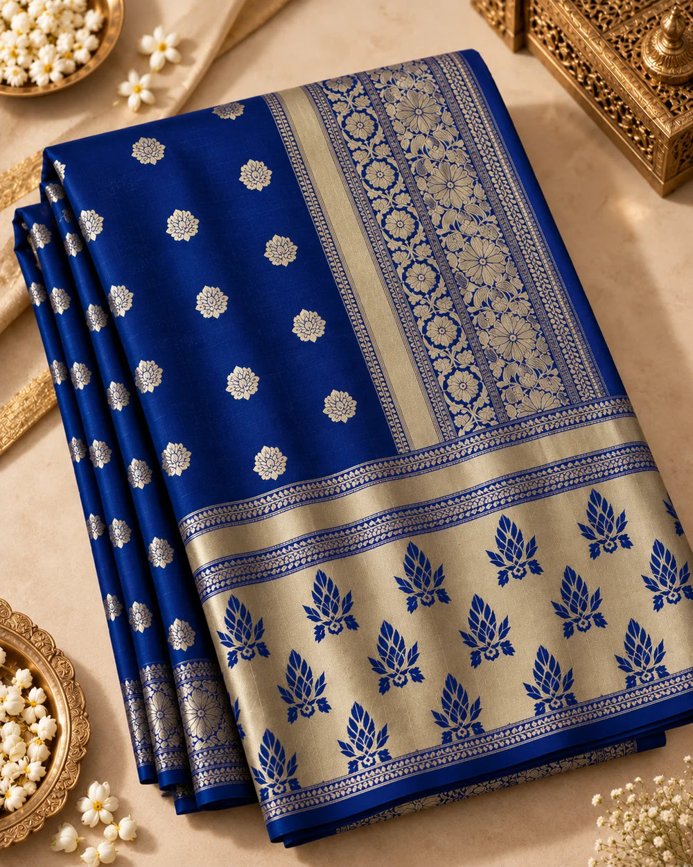 Royal Blue Woven Silk Saree with Silver-Gold Floral Motifs & Contrasting Designer Pallu