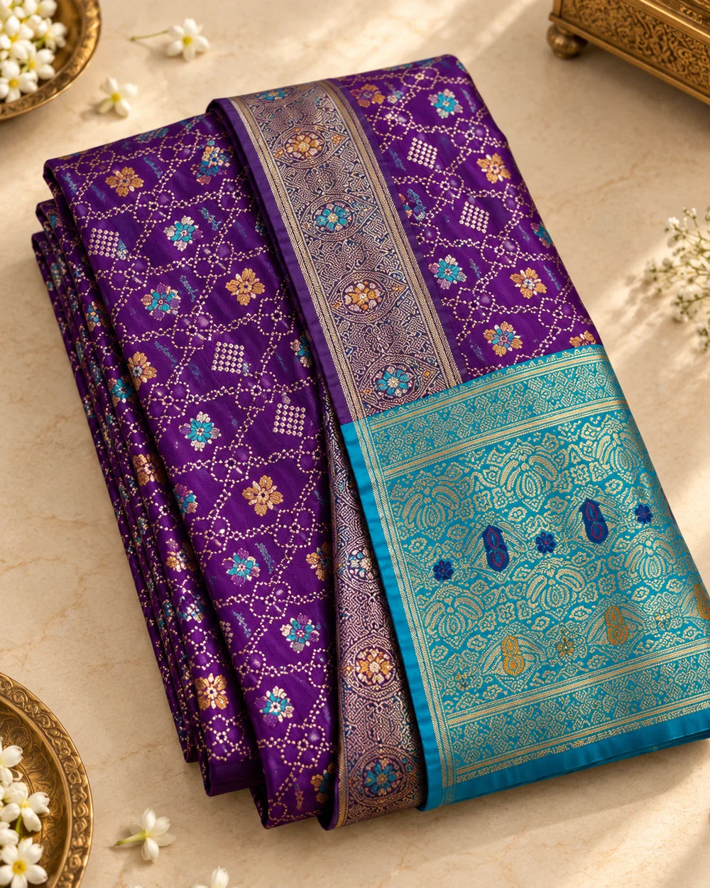 Royal Purple Banarasi Saree with Turquoise Blue Pallu & Traditional Woven Motifs
