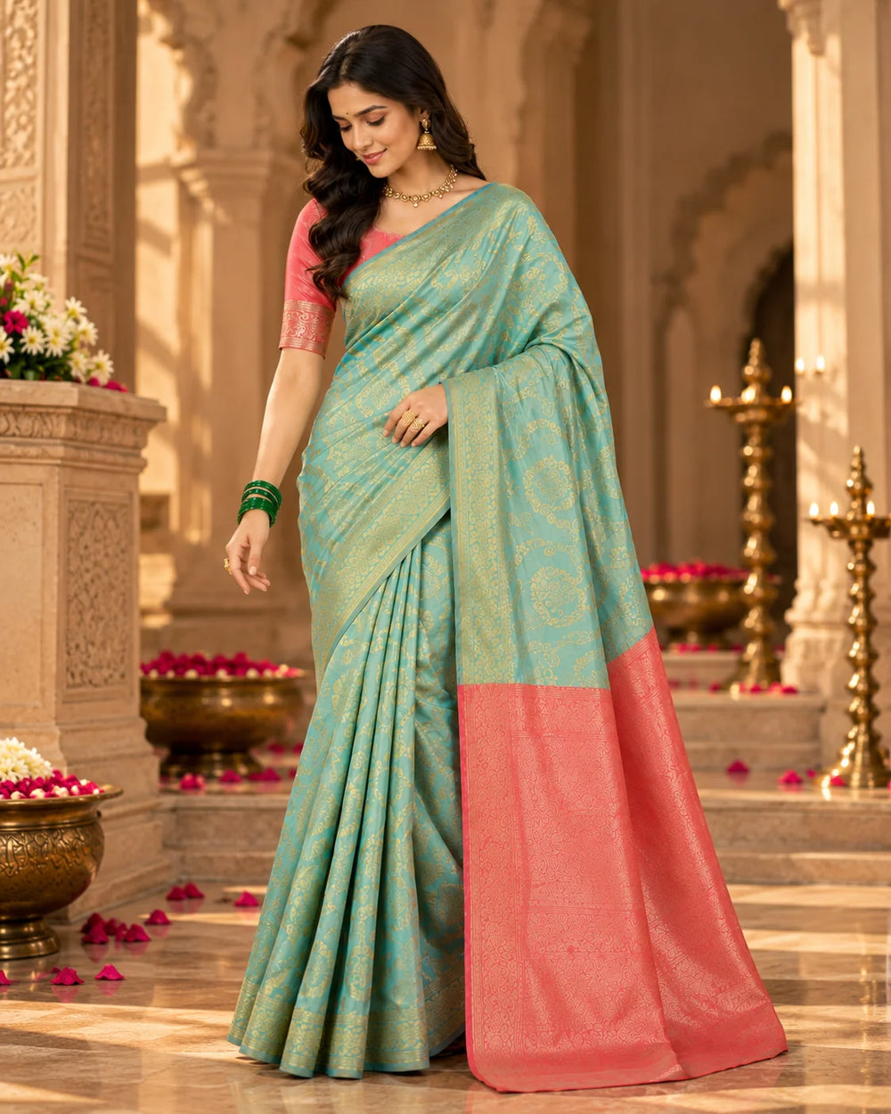 Elegant Turquoise & Coral Woven Silk Saree