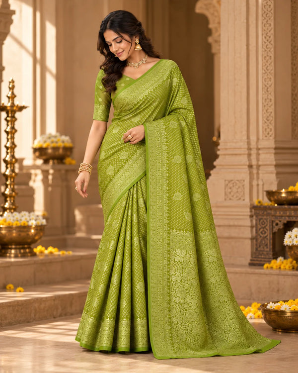 Olive Green Woven Silk Saree with Intricate Floral Motifs & Traditional Border