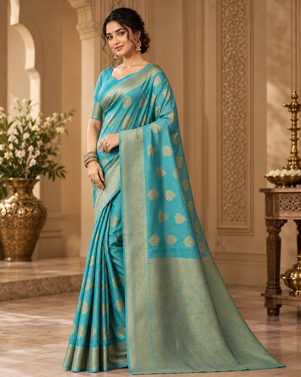 Elegant Turquoise Blue Woven Silk Saree with Intricate Golden Motifs & Rich Traditional Border