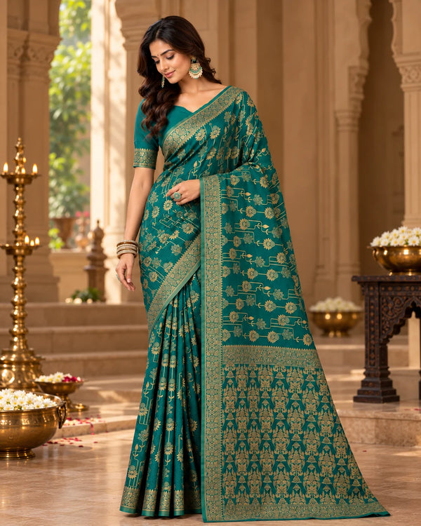 Teal Green Woven Silk Saree with Intricate Floral & Traditional Gold Motifs