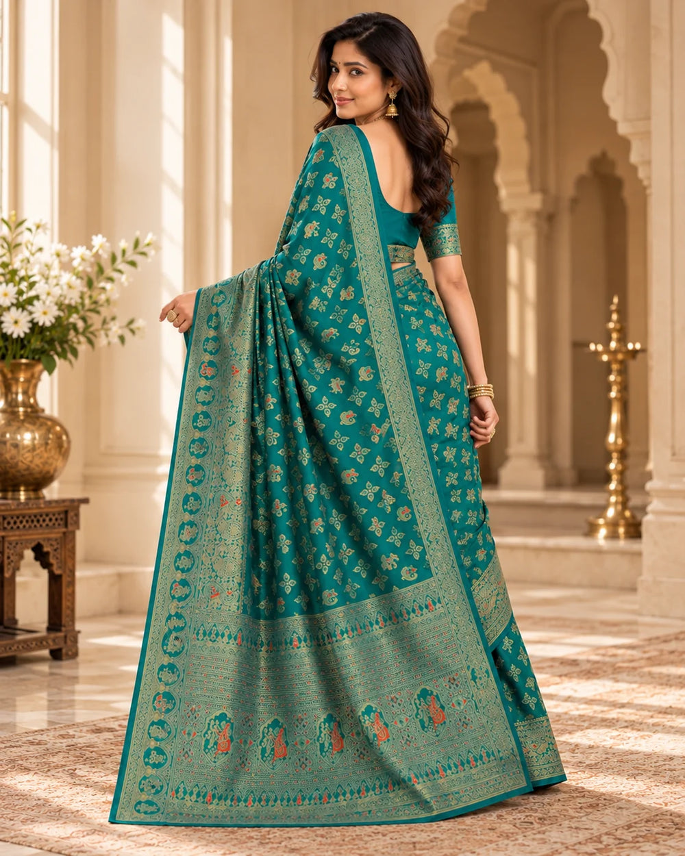 Elegant Teal Blue Woven Saree with Multicolor Traditional Motifs & Designer Zari Pallu